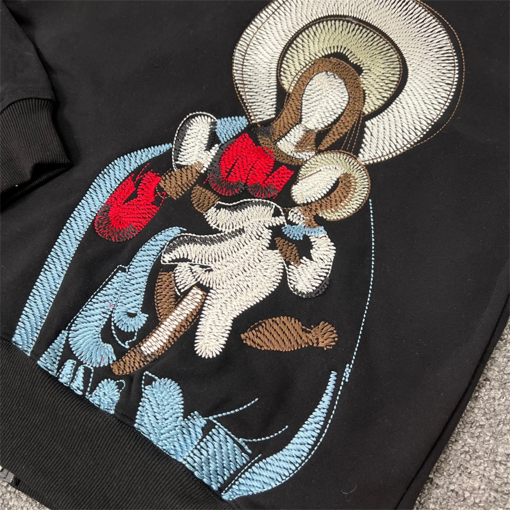 Derschutze Black Full‑Zip Hoodie Large Back Religious Figure Embroidery