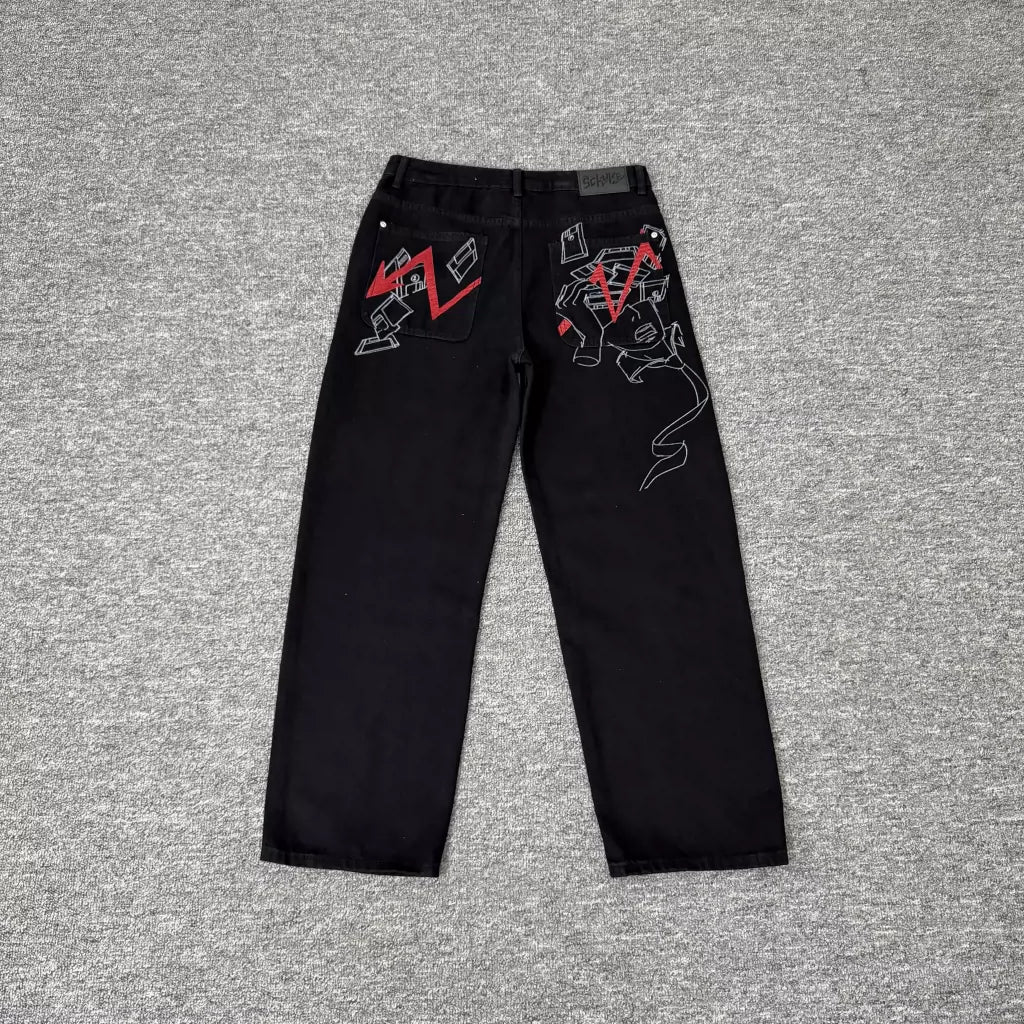 Derschutze Abstract Graphic Embroidered Black Jeans
