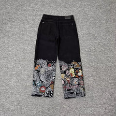 Derschutze Japanese Mythology Embroidered Black Jeans
