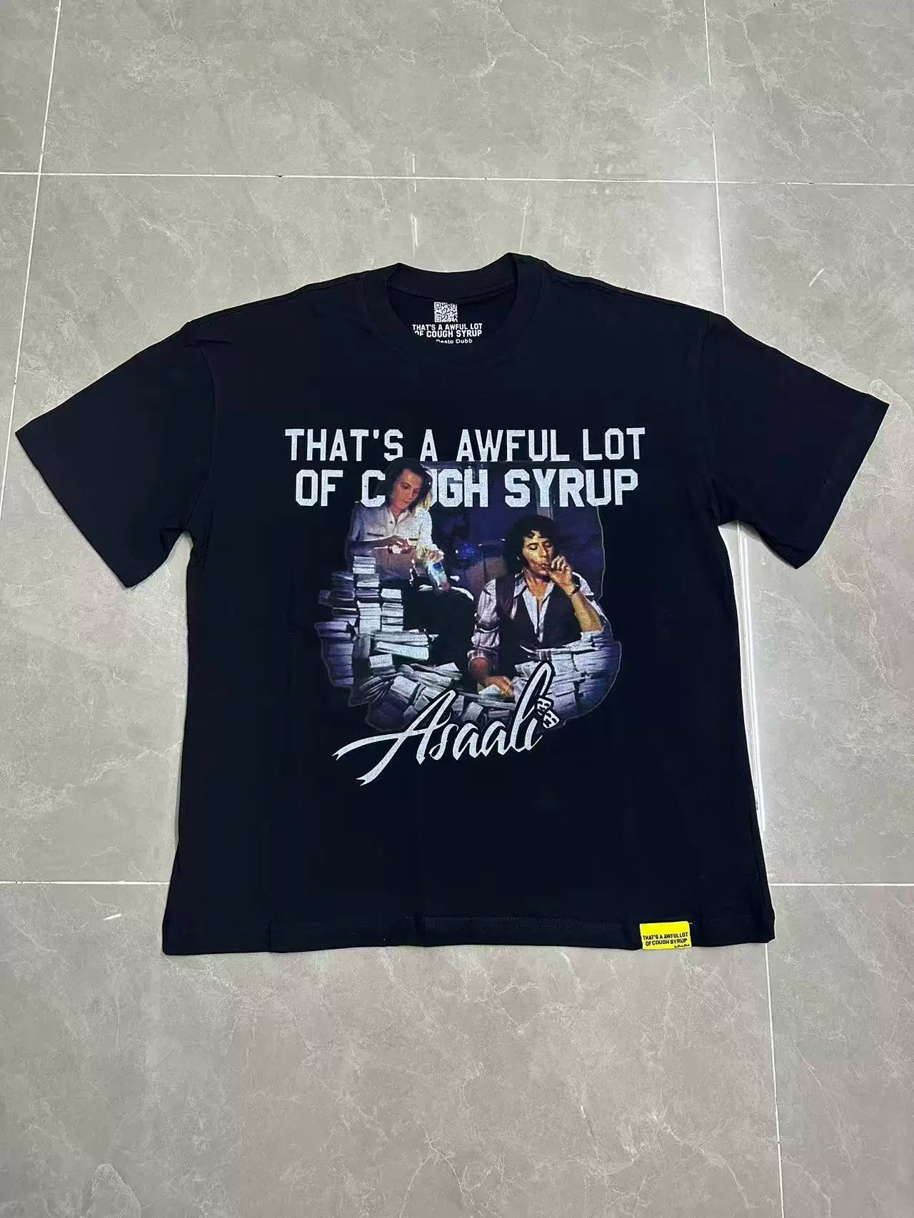 That’s A Awful Lot Of Cough Syrup Asaali Collage Graphic Oversized Black Tee