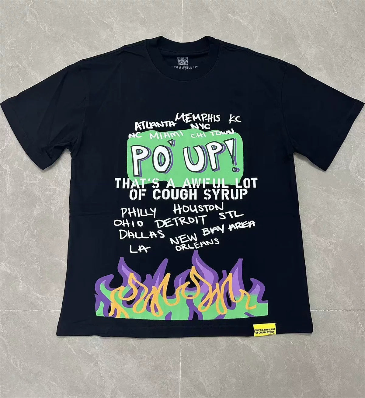THATS A AWFUL LOT OF COUPH SYRUP Flame Graphic Oversized Black T‑Shirt