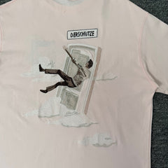 Derschutze Light Pink Surreal Sky‑Door Figure Back‑Print Graphic Tee