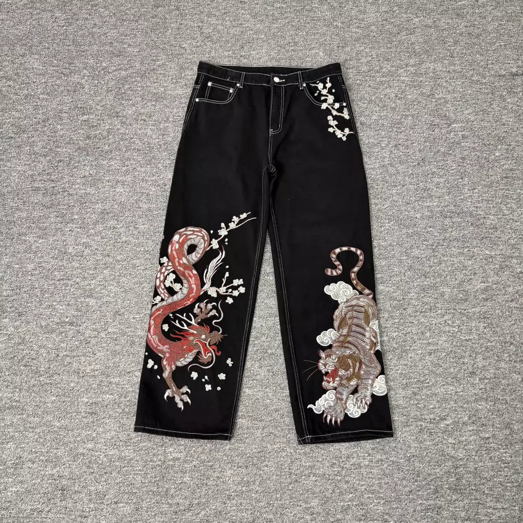 Derschutze Oriental Dragon Tiger Embroidered Jeans