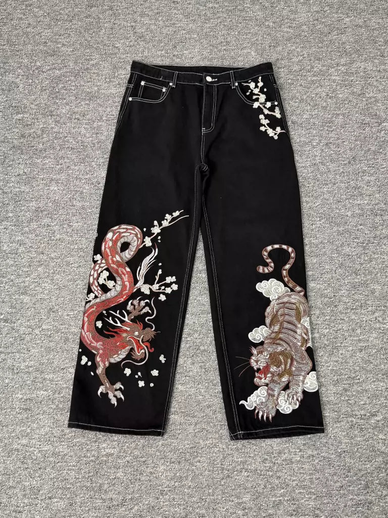 Derschutze Oriental Dragon Tiger Embroidered Jeans