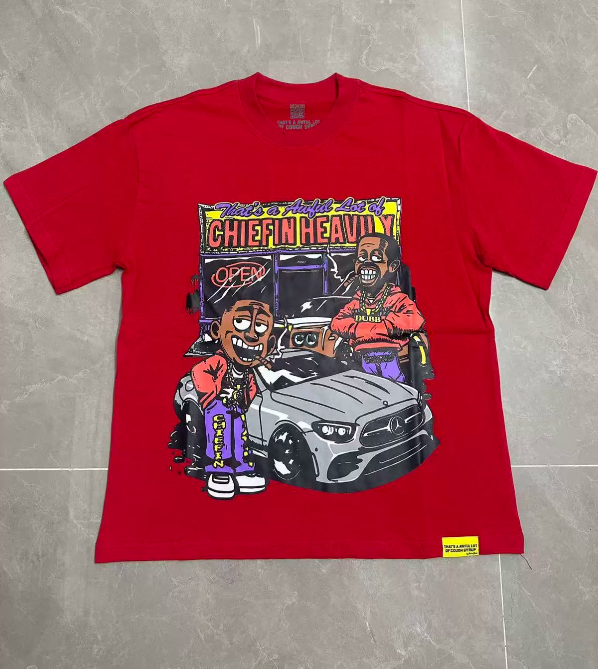 That’s A Awful Lot Of Chiefin Heavily Cartoon Car Scene Oversized Red Tee