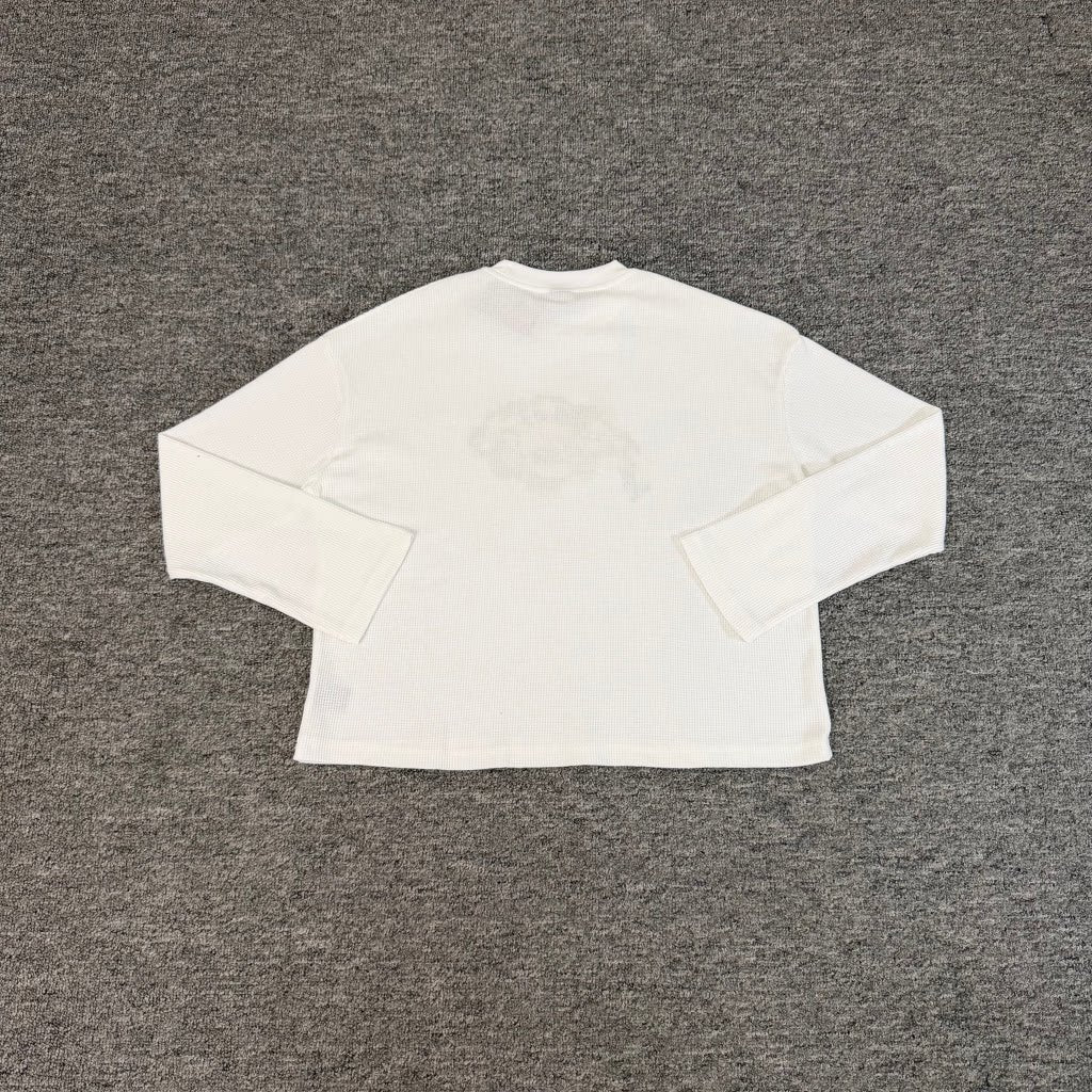 Derschutze White Waffle‑Knit Cropped Long‑Sleeve Top Graphic Chest Print