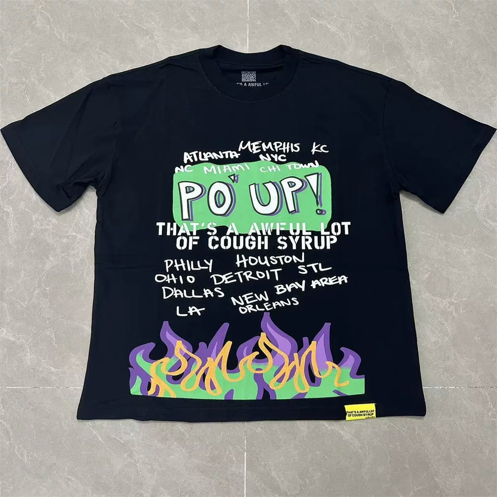THATS A AWFUL LOT OF COUPH SYRUP Flame Graphic Oversized Black T‑Shirt