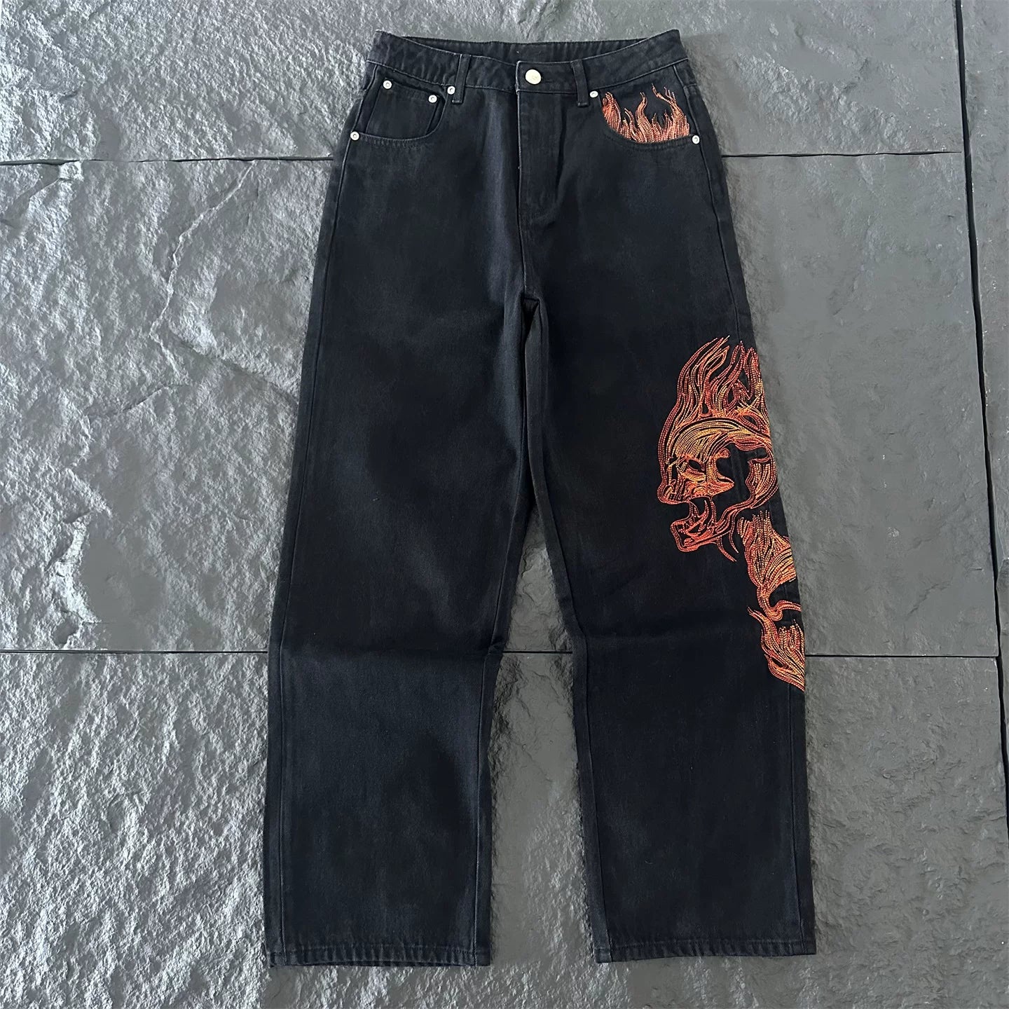 Derschutze Gothic Flame Embroidered Black Jeans