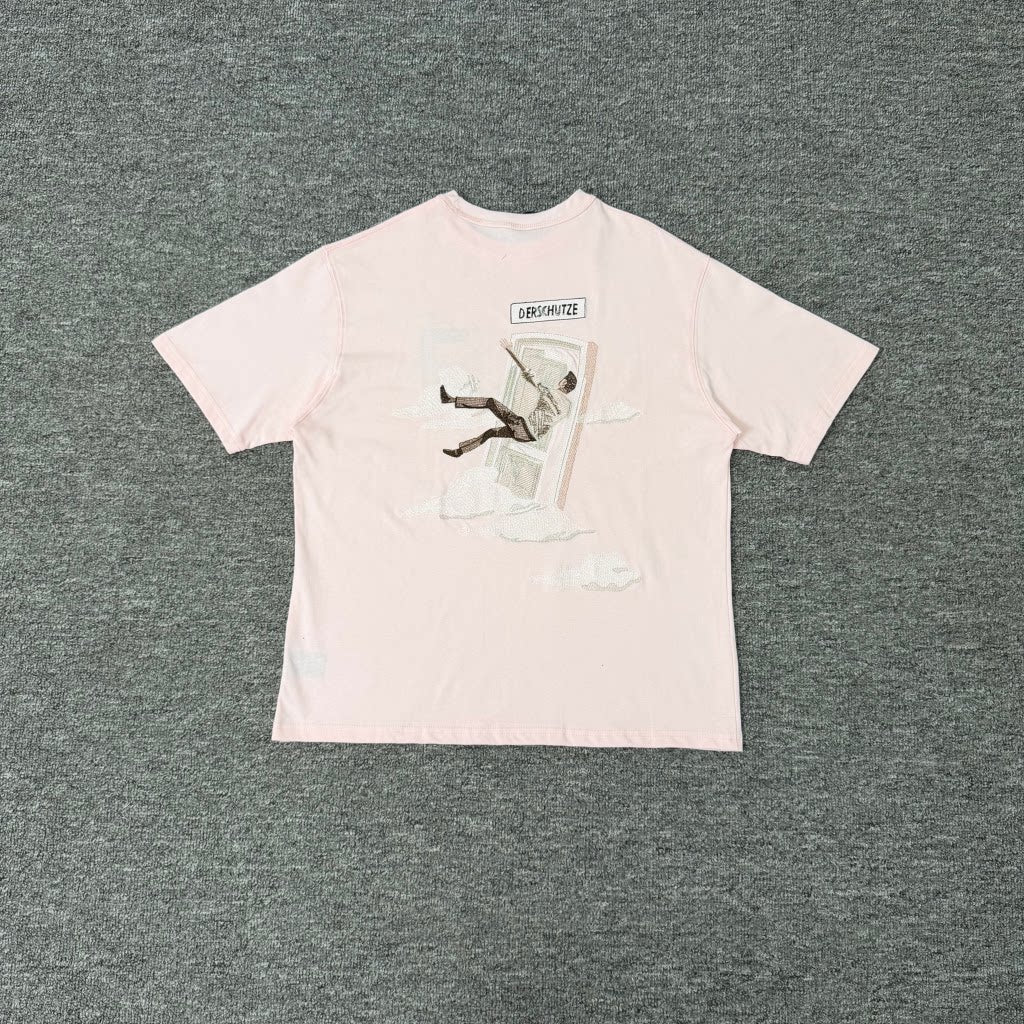 Derschutze Light Pink Surreal Sky‑Door Figure Back‑Print Graphic Tee