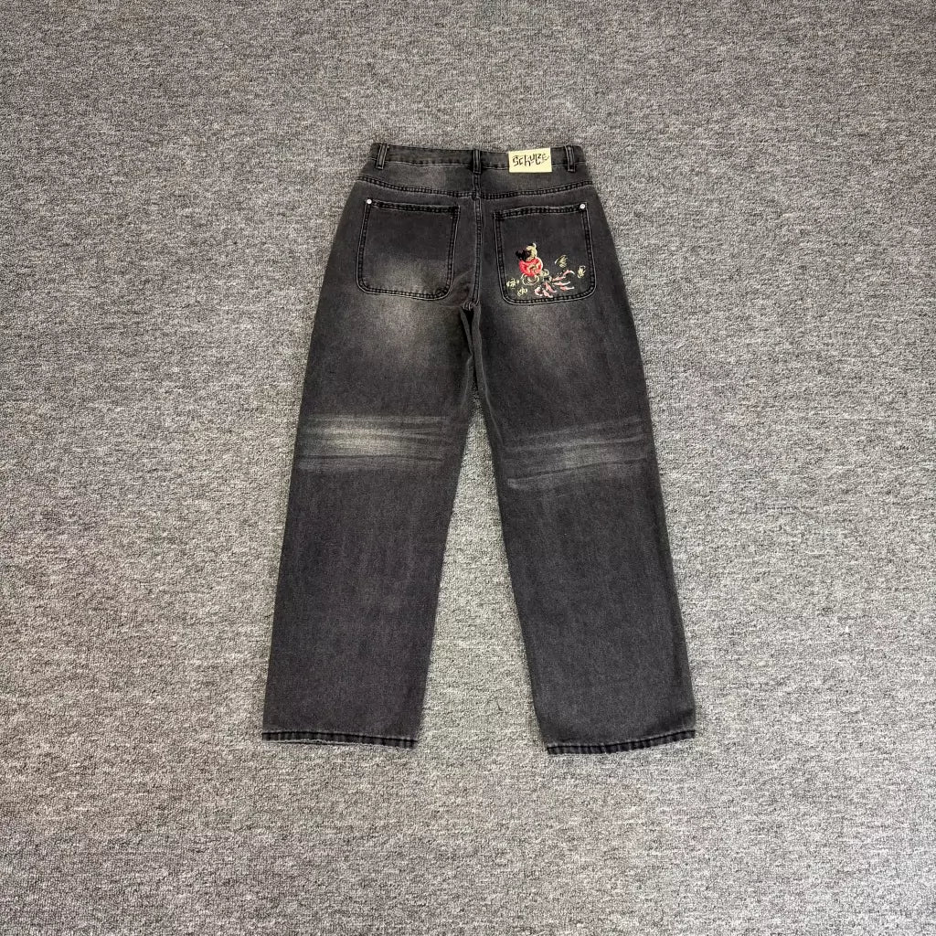 Derschutze Vintage Washed Embroidered Black Jeans