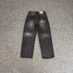 Derschutze Vintage Washed Embroidered Black Jeans