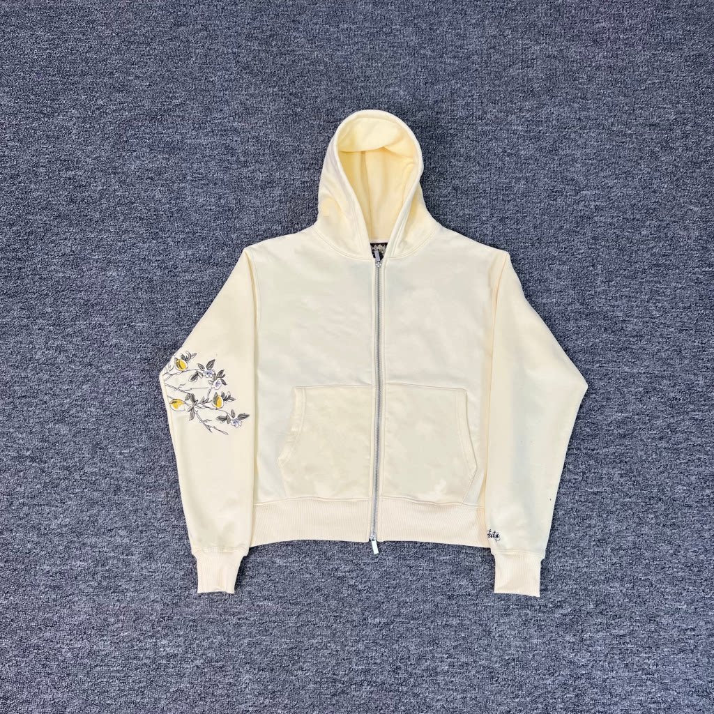 Derschutze Cream Cropped Full‑Zip Hoodie With Floral‑Branch Sleeve Print