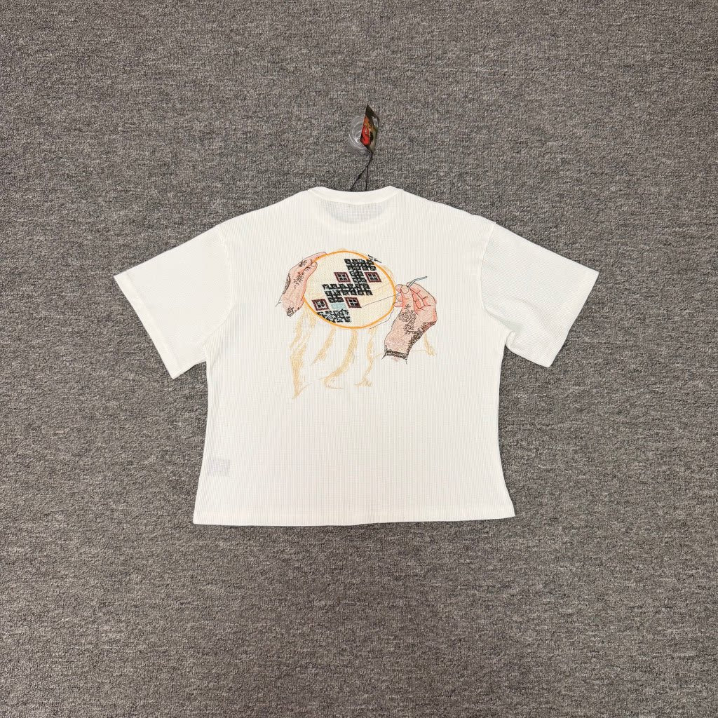 Derschutze White Waffle‑Knit Embroidery‑Hoop Art Back‑Print Tee