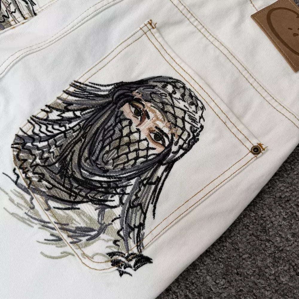 Derschutze Masked Goddess Embroidered White Cowboy Shorts