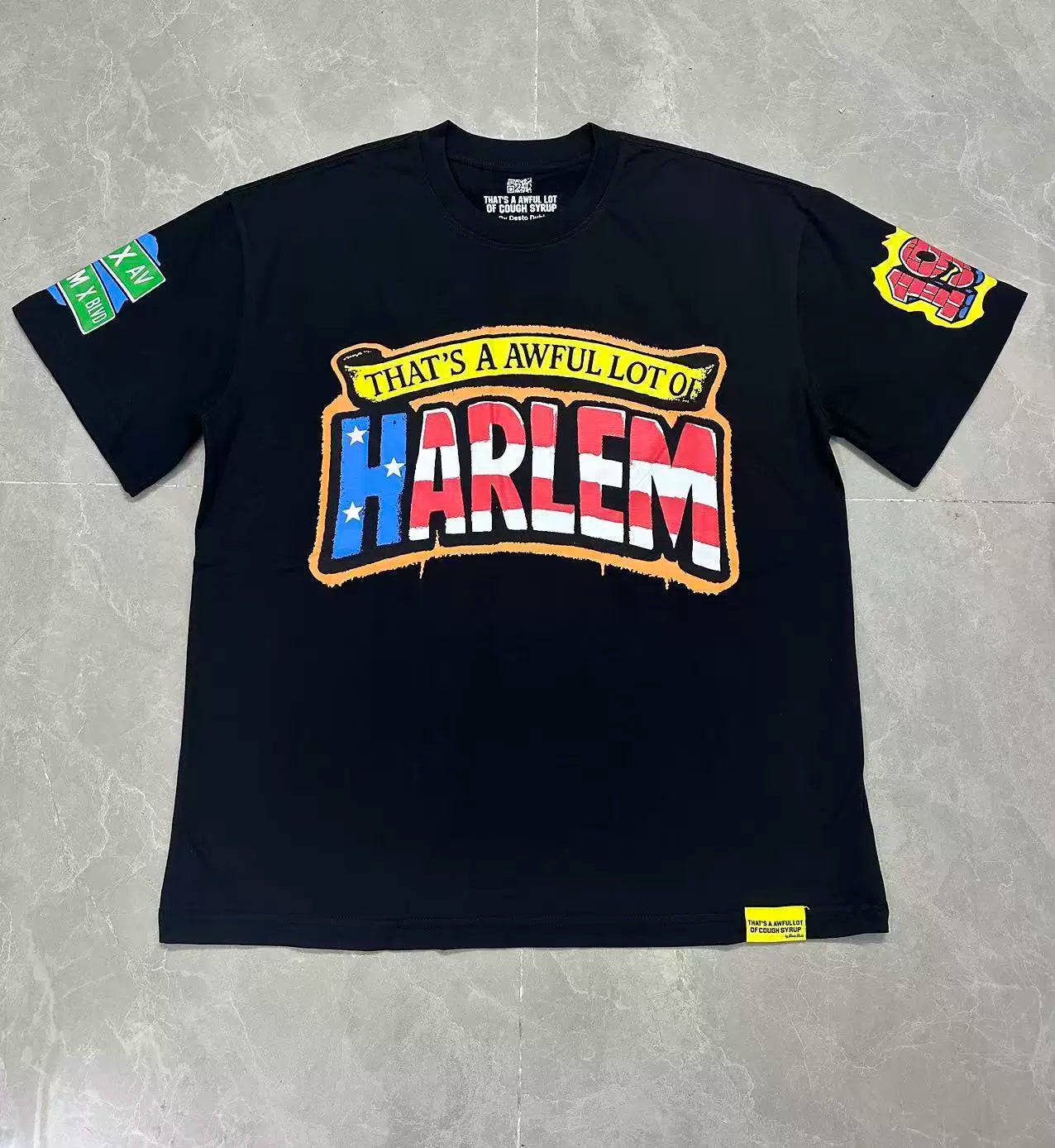 That’s A Awful Lot Of Harlem Flag Style Sleeve Patches Oversized Black Tee