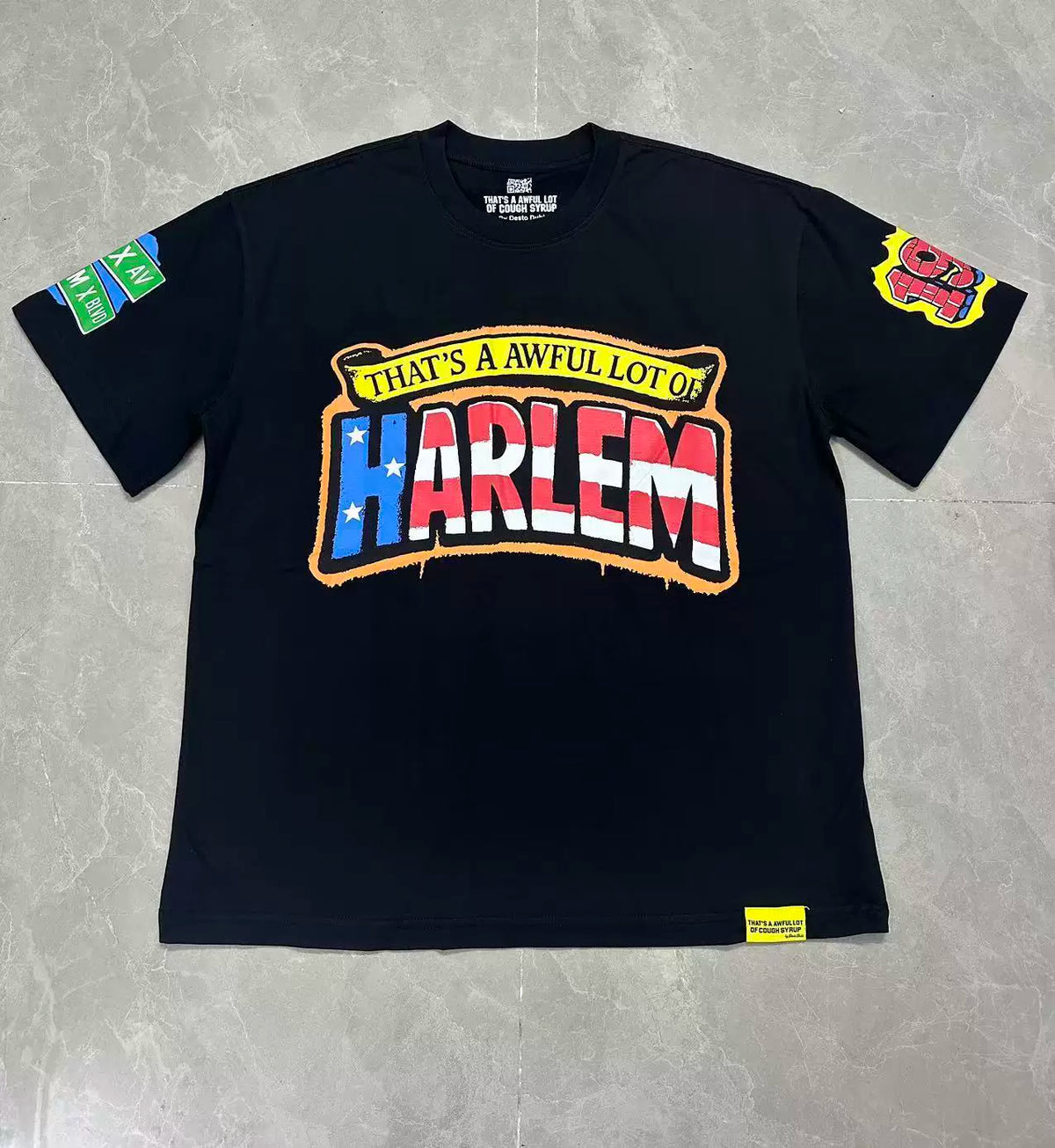 That’s A Awful Lot Of Harlem Flag Style Sleeve Patches Oversized Black Tee