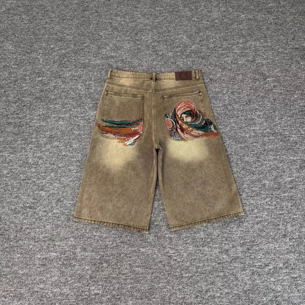Derschutze vintage heavy-duty embroidered denim shorts