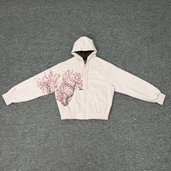 Derschutze Light‑Pink Cropped Hooded Jacket Cherry‑Blossom Tree Branch Front‑Sleeve Print