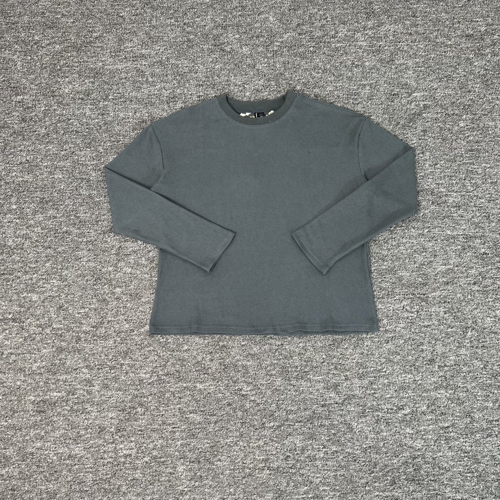 Derschutze Dark‑Grey‑Green Waffle‑Knit White‑Blossom Branch Back‑Shoulder Print Long‑Sleeve Top