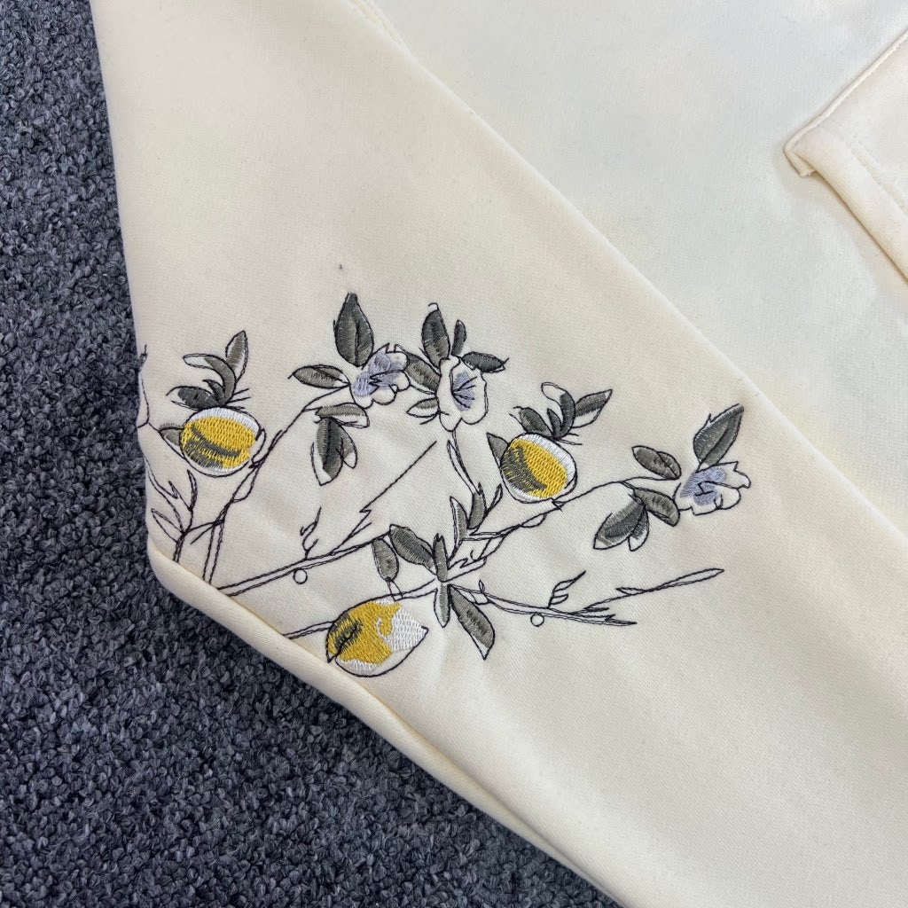 Derschutze Cream Cropped Full‑Zip Hoodie With Floral‑Branch Sleeve Print