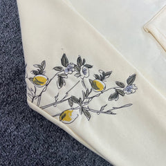 Derschutze Cream Cropped Full‑Zip Hoodie With Floral‑Branch Sleeve Print