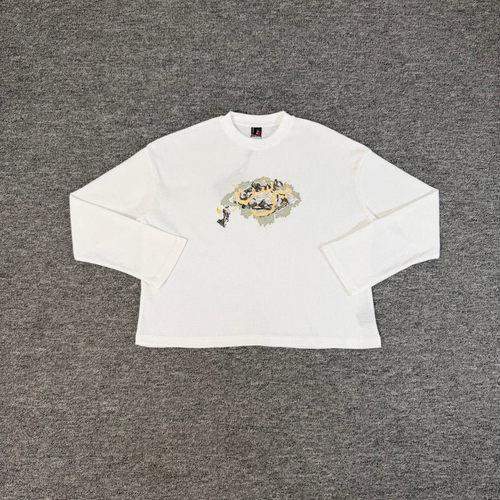 Derschutze White Waffle‑Knit Cropped Long‑Sleeve Top Graphic Chest Print