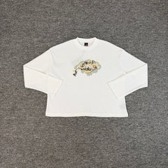 Derschutze White Waffle‑Knit Cropped Long‑Sleeve Top Graphic Chest Print