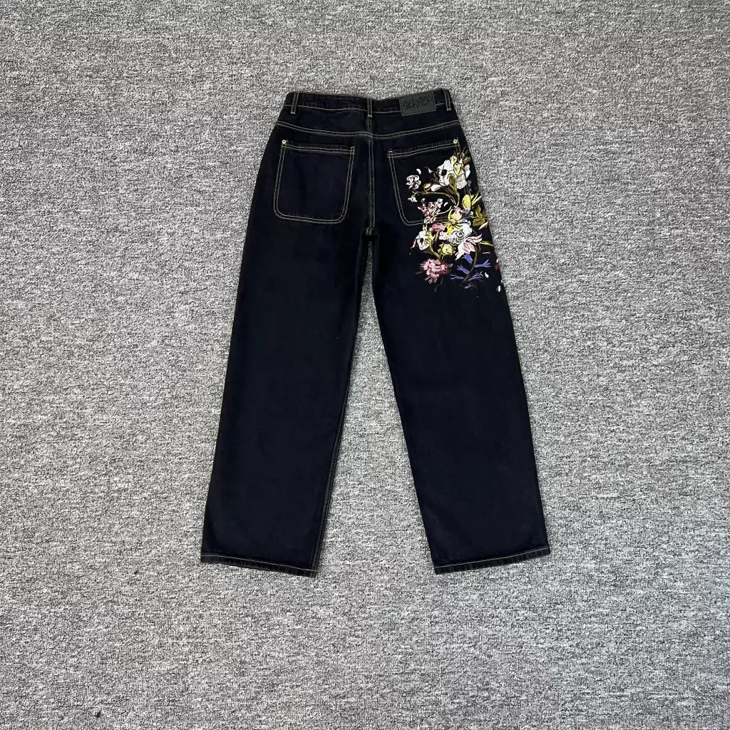 Derchutze Floral Embroidered Black Jeans