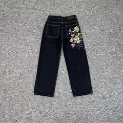 Derchutze Floral Embroidered Black Jeans