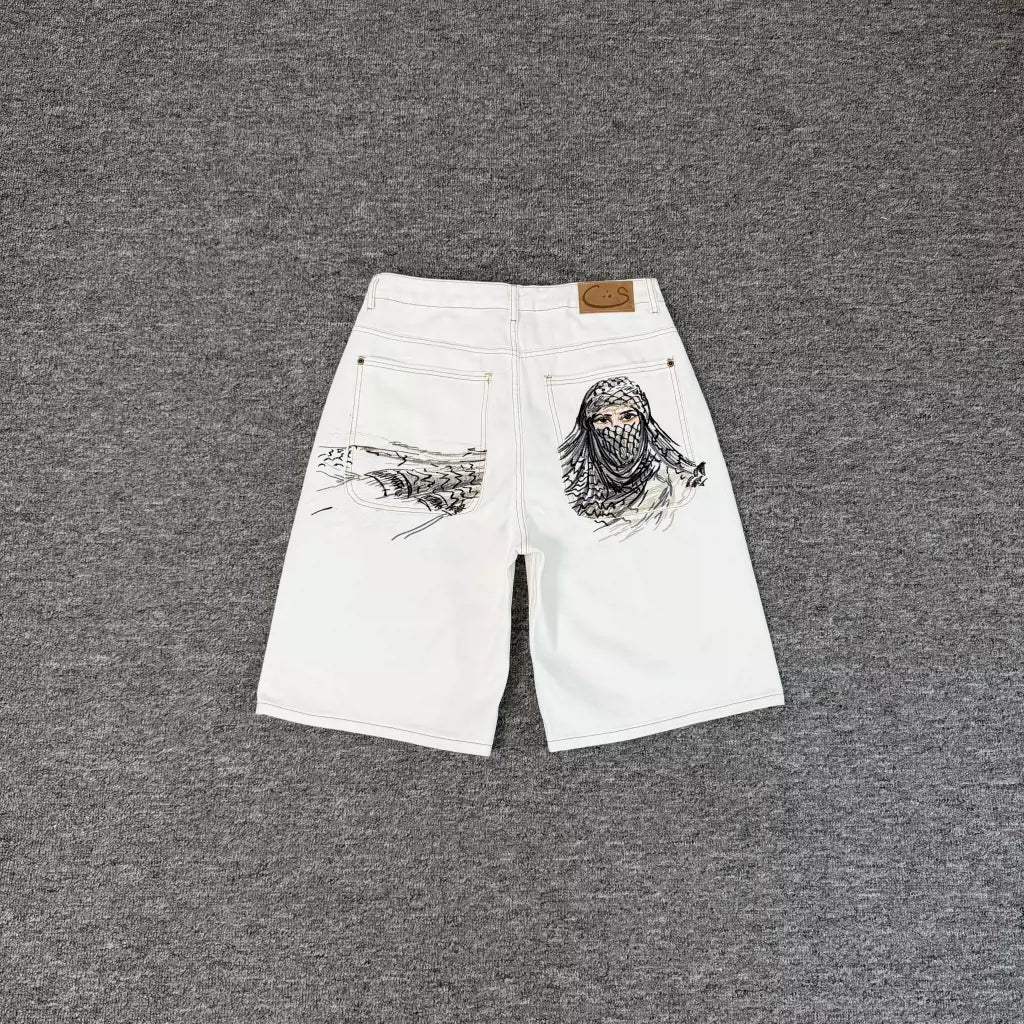 Derschutze Masked Goddess Embroidered White Cowboy Shorts