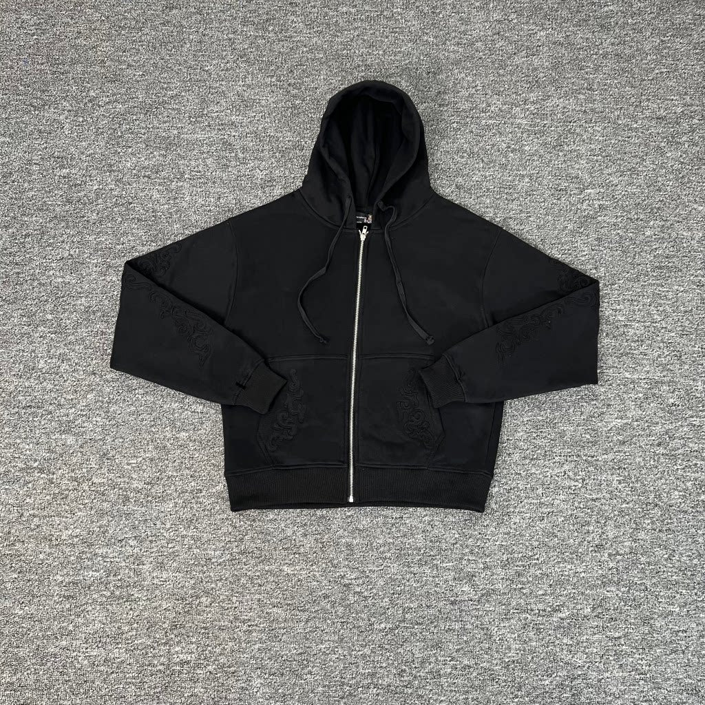 Derschutze Black Cropped Full‑Zip Hoodie Subtle Tone‑On‑Tone Ornate Embroidery