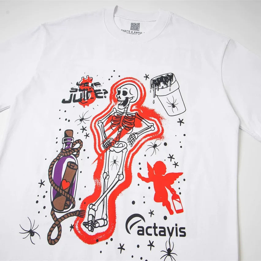 That’s A Awful Lot Of Cough Syrup Skeleton Angel Factavis Graphic Oversized White Tee