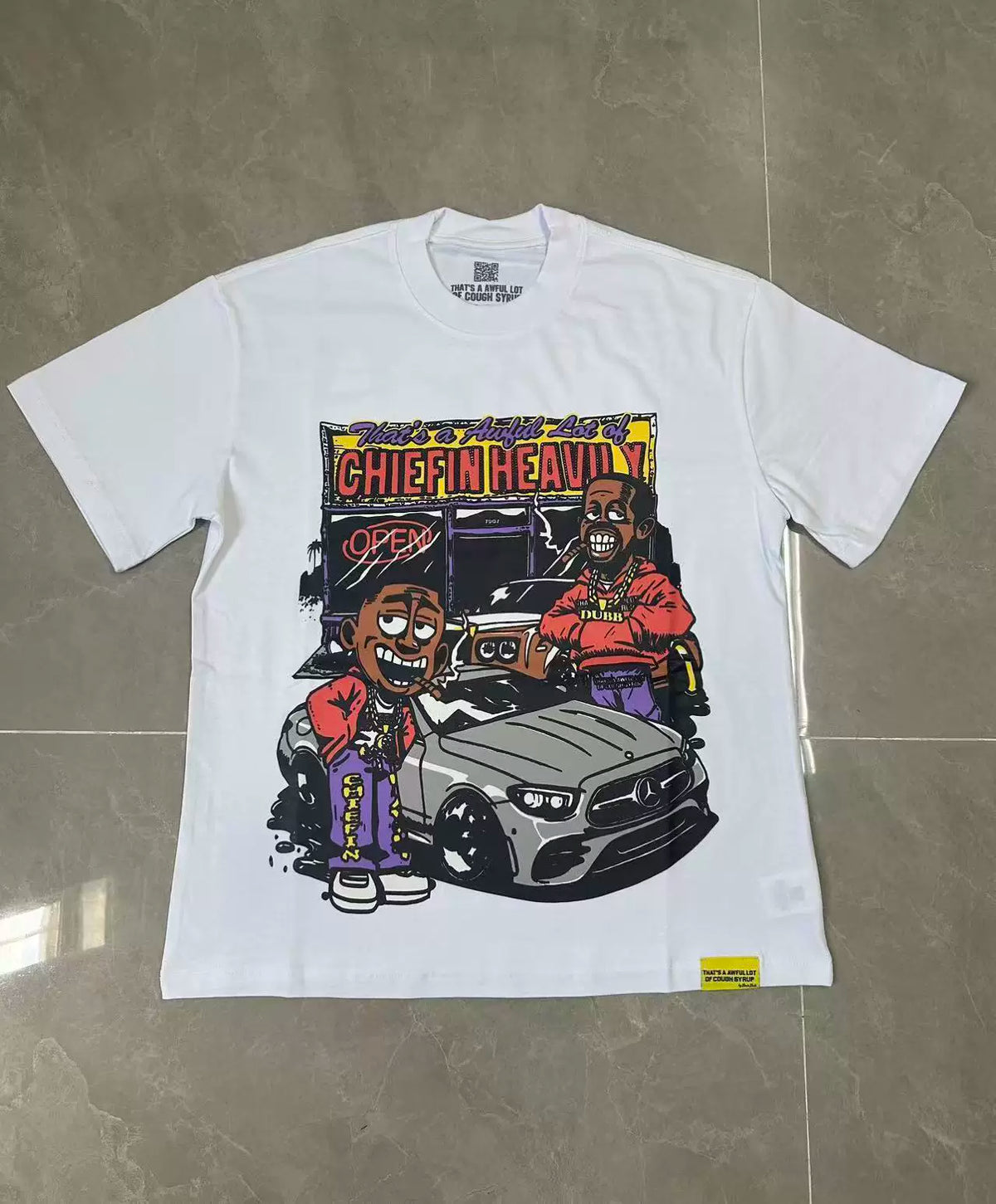That’s A Awful Lot Of Cough Syrup Chiefin Heavily Car Cartoon Graphic Oversized White Tee