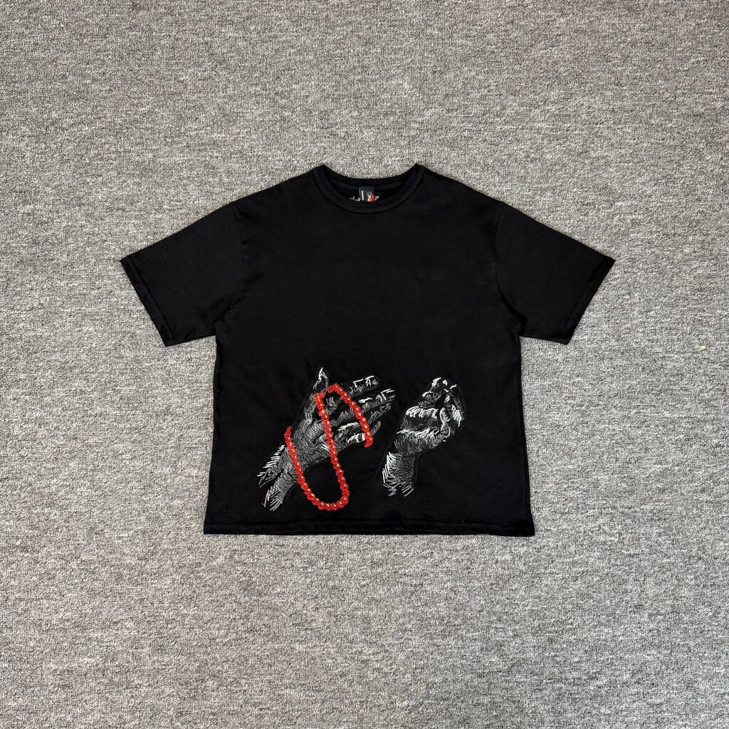 Derschutze Black Prayer Hands Red Beads Embroidered Tee