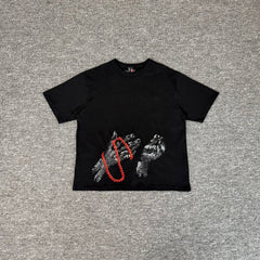 Derschutze Black Prayer Hands Red Beads Embroidered Tee