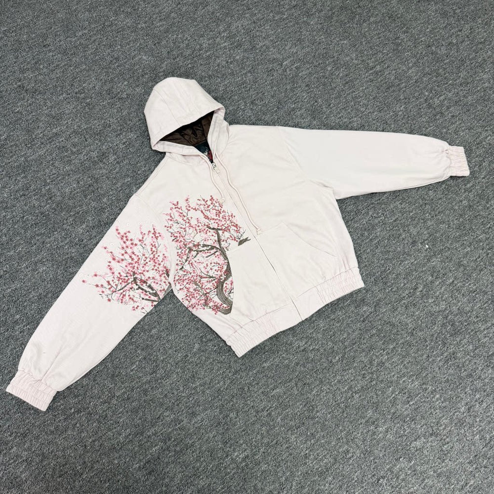 Derschutze Light‑Pink Cropped Hooded Jacket Cherry‑Blossom Tree Branch Front‑Sleeve Print