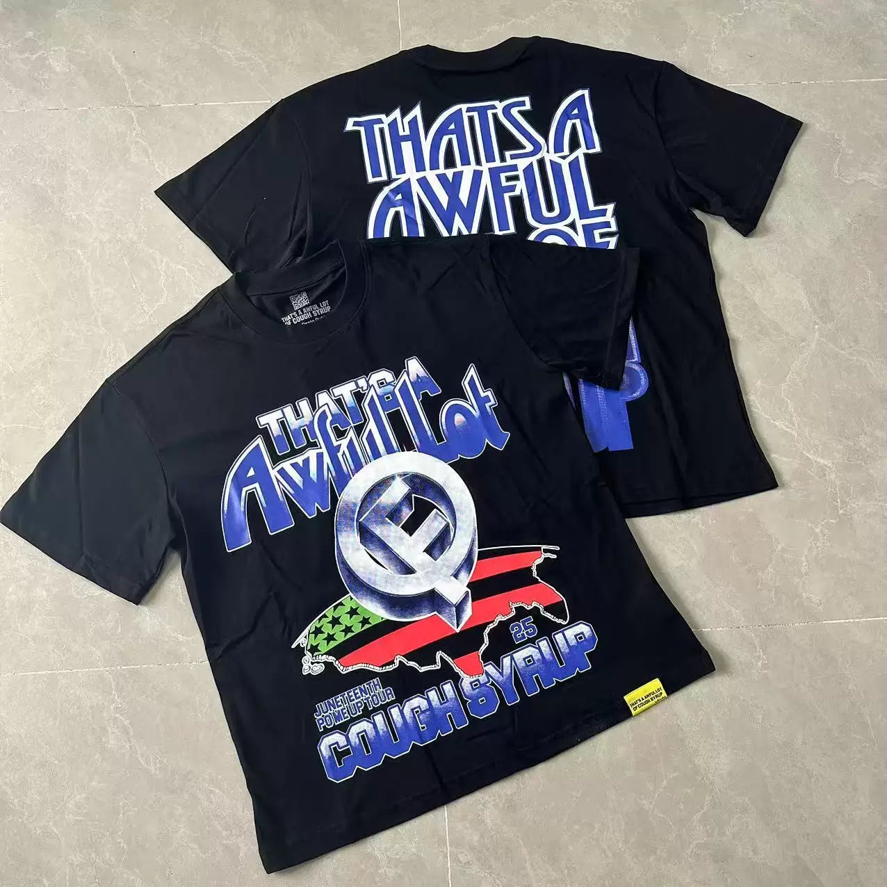 That’s A Awful Lot Of Cough Syrup Juneteenth Tour Front‑Back Print Oversized Black Tee