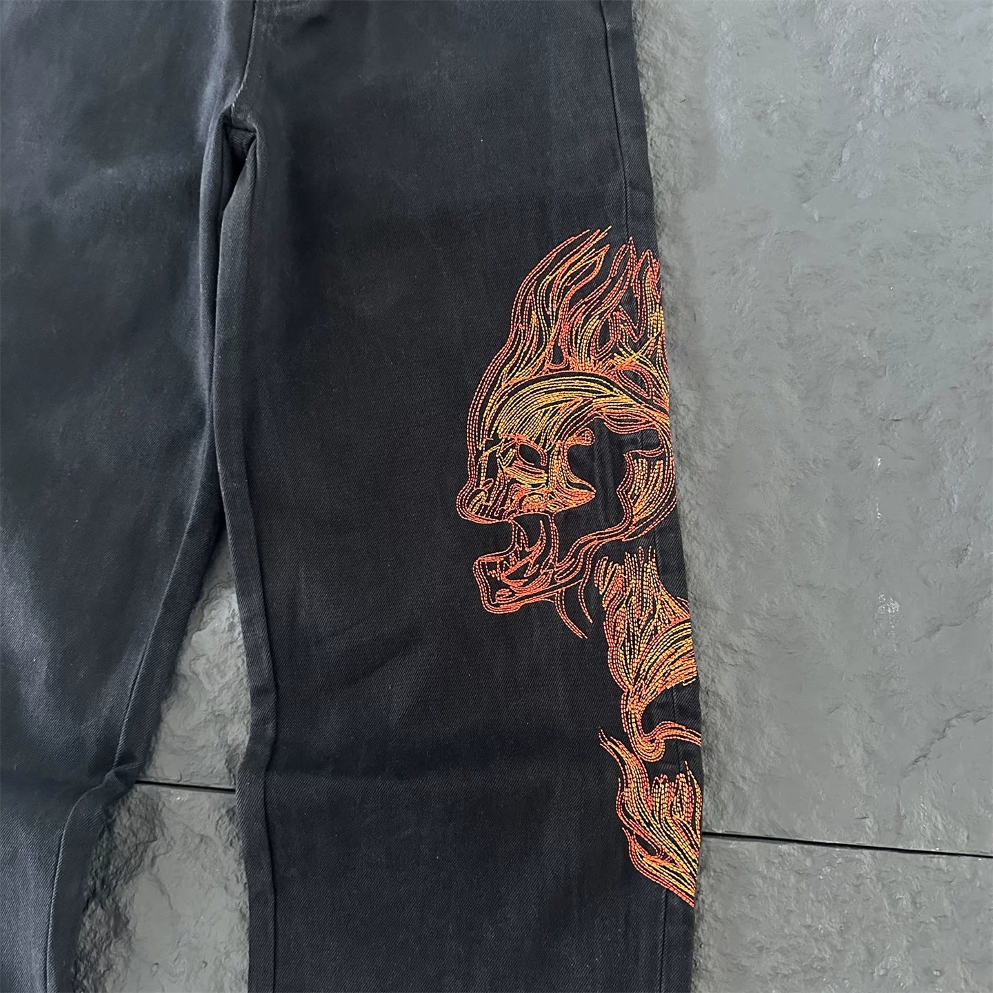Derschutze Gothic Flame Embroidered Black Jeans