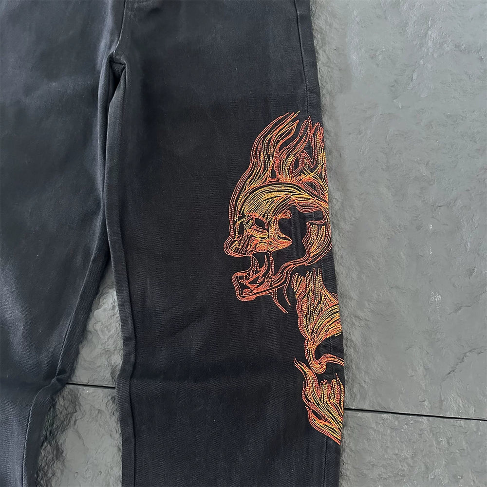 Derschutze Gothic Flame Embroidered Black Jeans