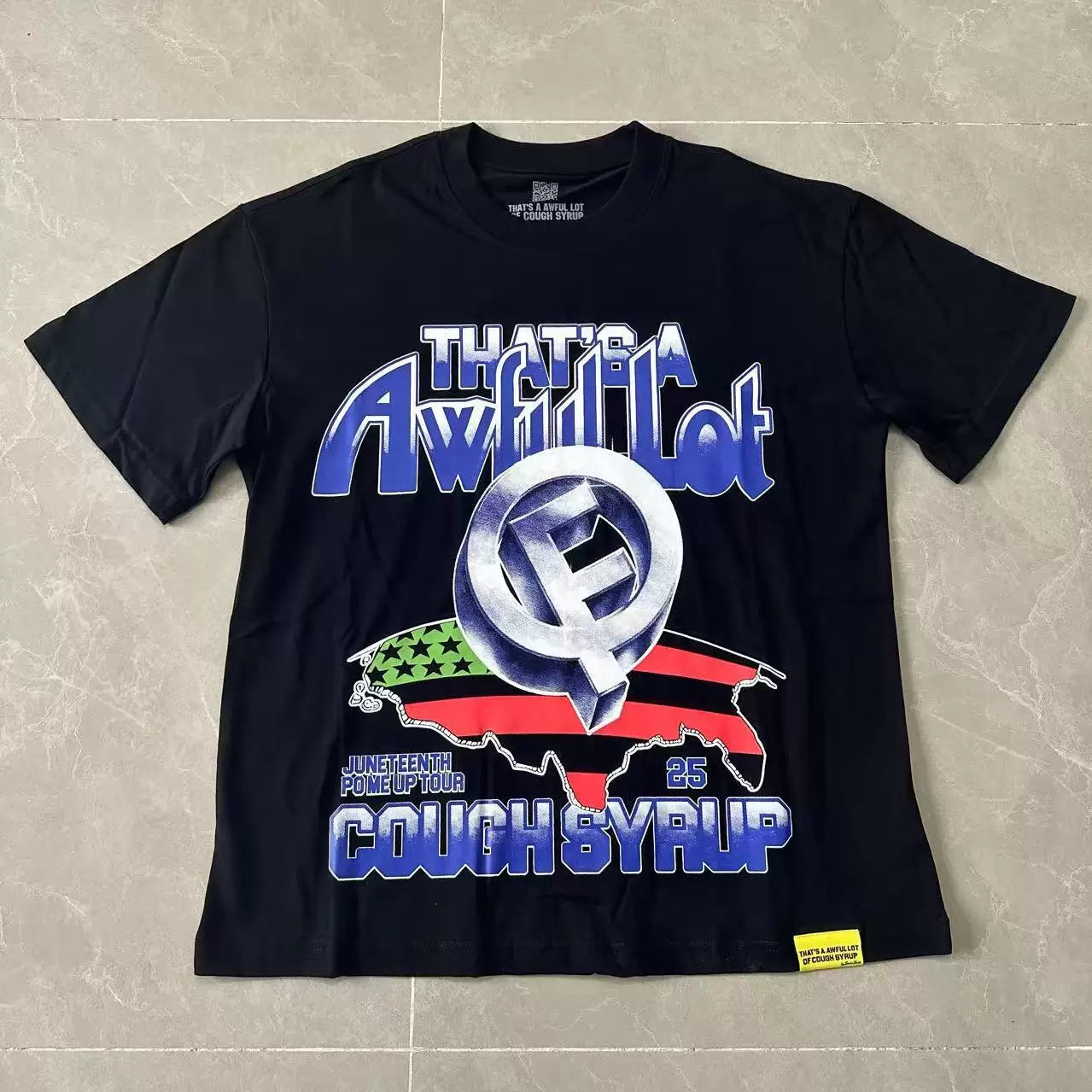 That’s A Awful Lot Of Cough Syrup Juneteenth Tour Front‑Back Print Oversized Black Tee