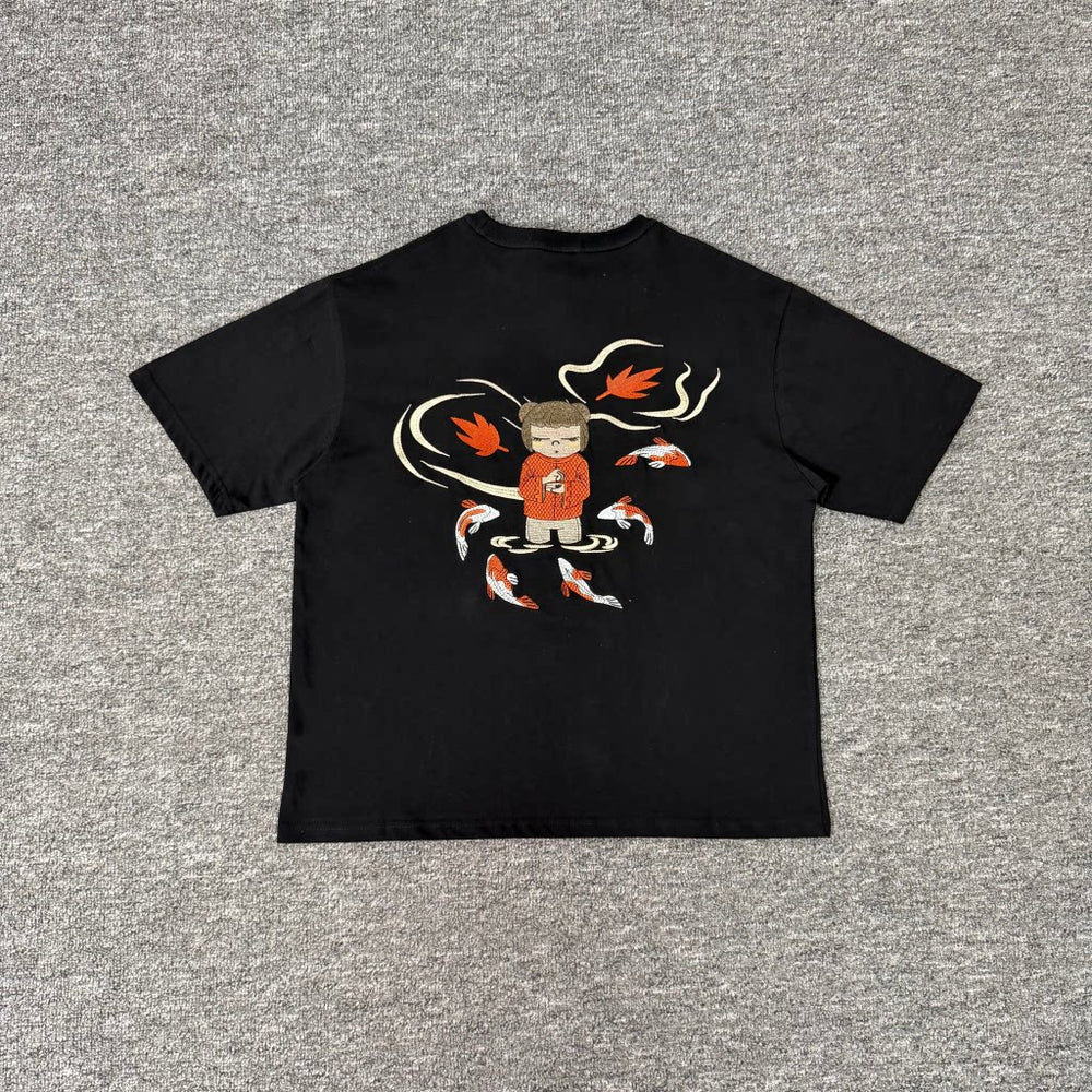Derschutze Black Cartoon Koi‑Fish Character Back‑Embroidered Tee