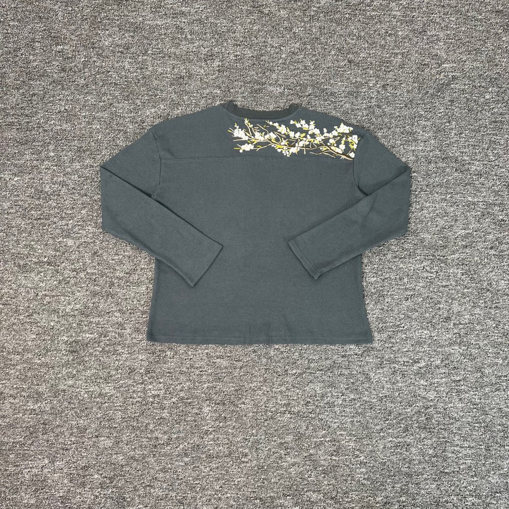 Derschutze Dark‑Grey‑Green Waffle‑Knit White‑Blossom Branch Back‑Shoulder Print Long‑Sleeve Top