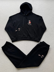 Derschutze Black Cropped Hoodie & Jogger Set Bear‑Koi Fish Embroidery