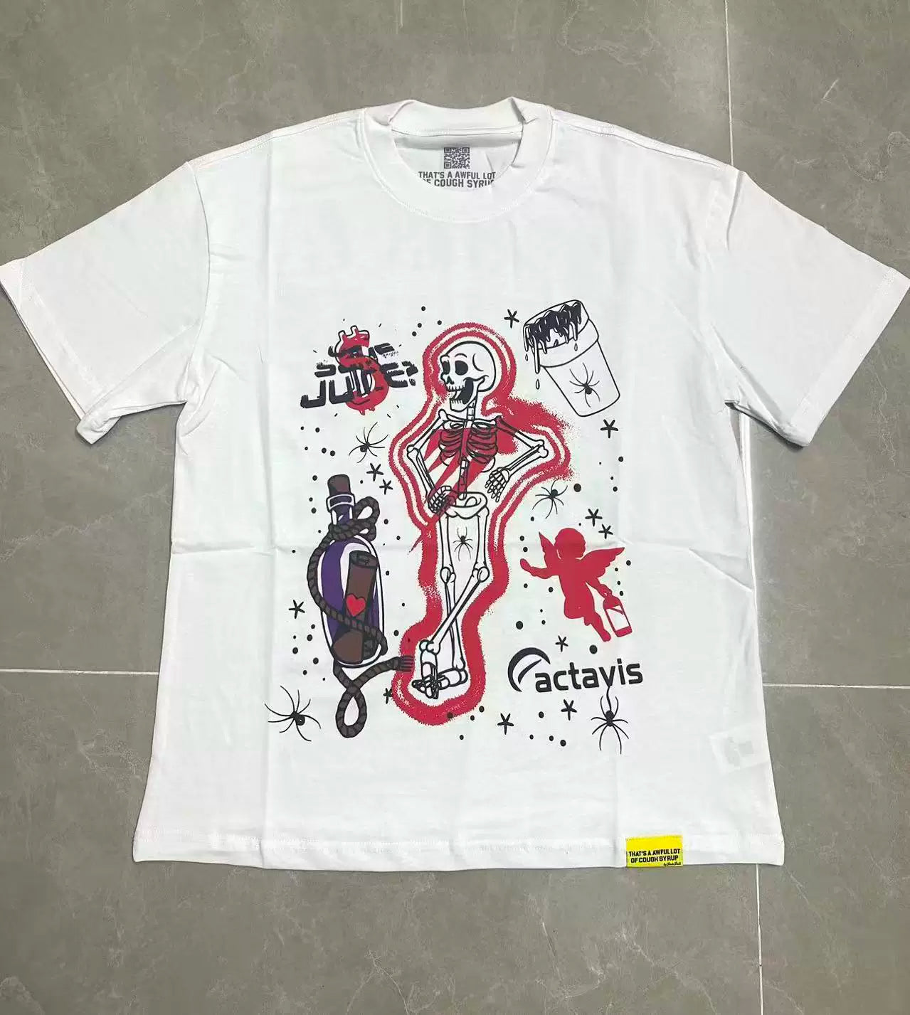 That’s A Awful Lot Of Cough Syrup Skeleton Angel Factavis Graphic Oversized White Tee