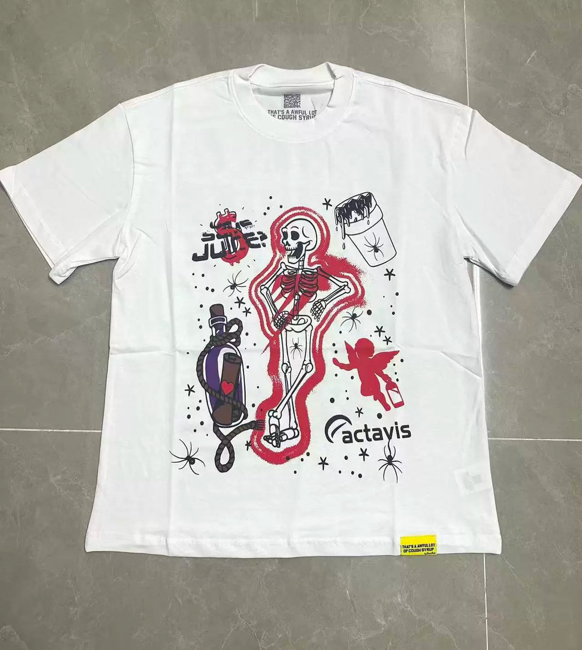 That’s A Awful Lot Of Cough Syrup Skeleton Angel Factavis Graphic Oversized White Tee