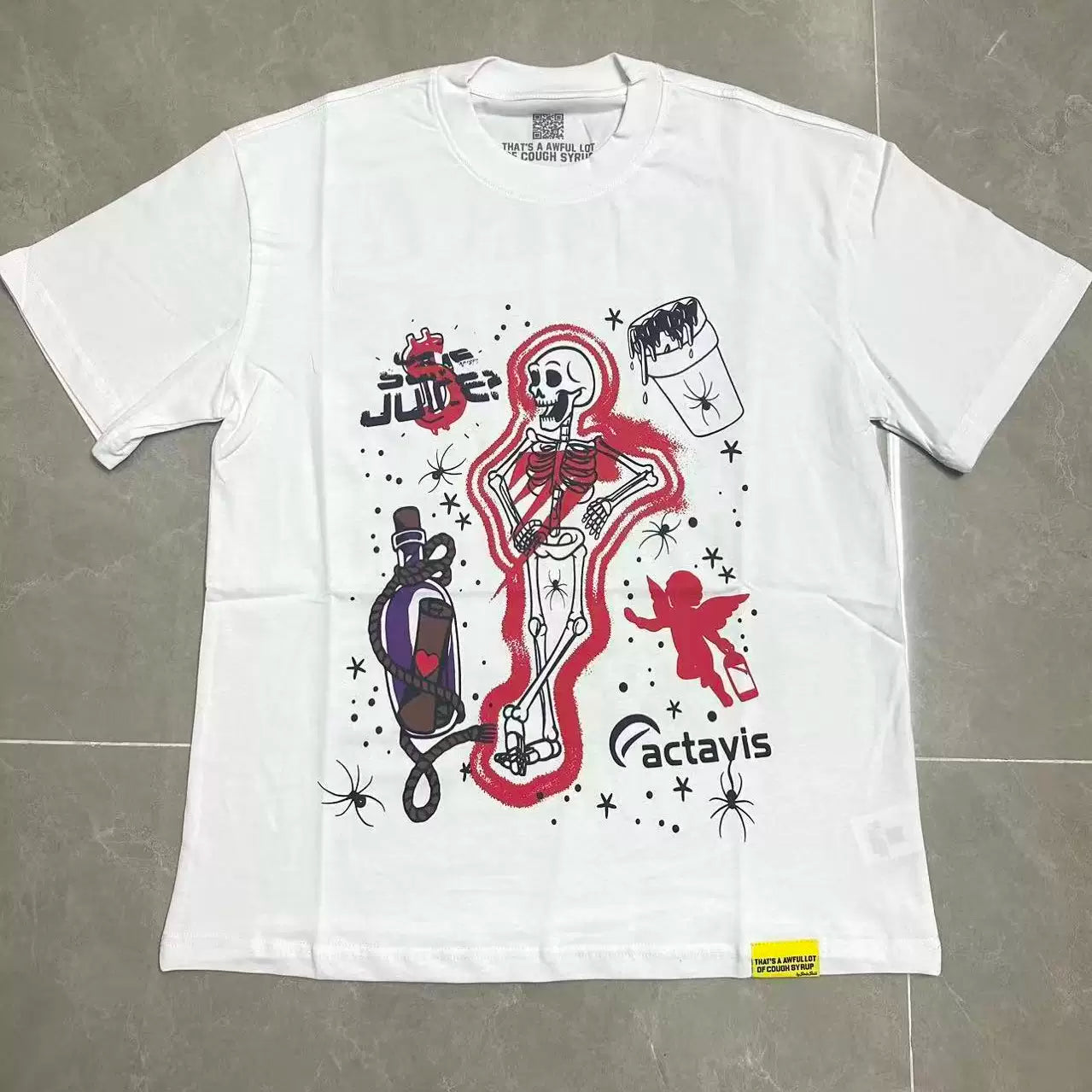 That’s A Awful Lot Of Cough Syrup Skeleton Angel Factavis Graphic Oversized White Tee