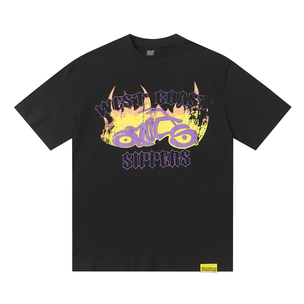 THATS A AWFUL LOT OF COUPH SYRUP Purple Motorcycle Flame Oversized Black Tee