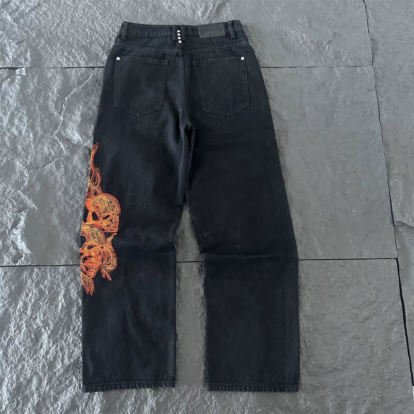 Derschutze Gothic Flame Embroidered Black Jeans