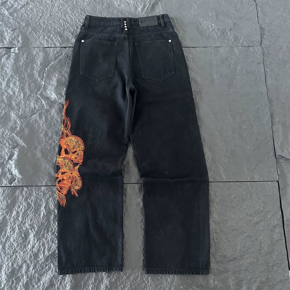 Derschutze Gothic Flame Embroidered Black Jeans