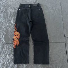 Derschutze Gothic Flame Embroidered Black Jeans